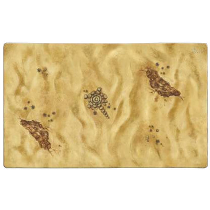 Two-sided desert playmat depicting undulating sand dunes and detailed illustrations of fossilized rocks and ancient circular debris