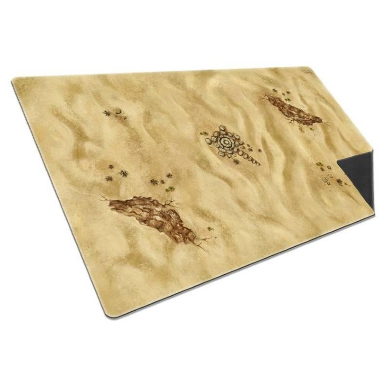 The Onus Traianus two-sided playmat features a detailed tan desert battlefield with natural sand dunes, cracked dried earth formations, and a central circular stone ruin