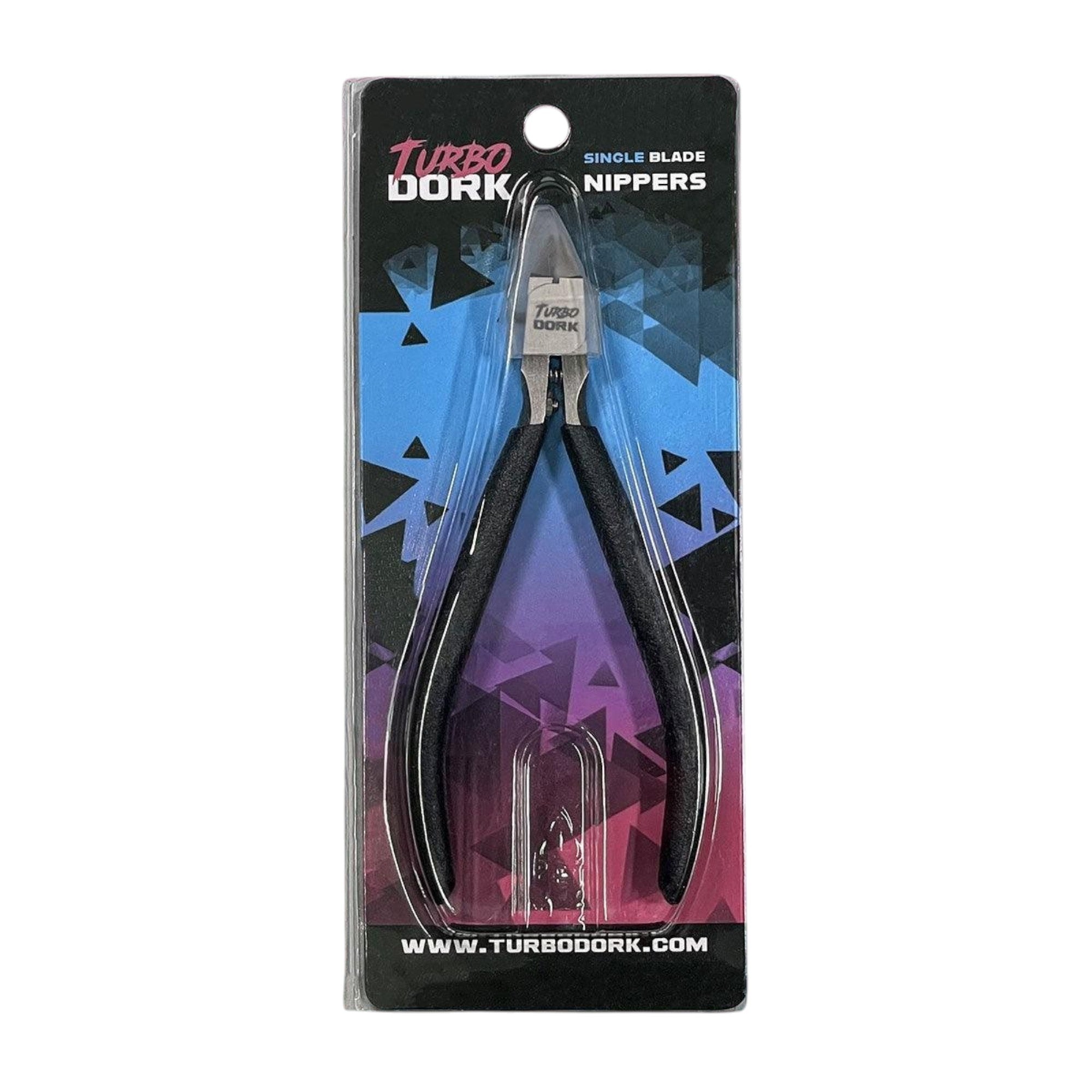 Turbo Dork single blade nippers in clear packaging, featuring black handles and a vibrant blue-purple geometric background