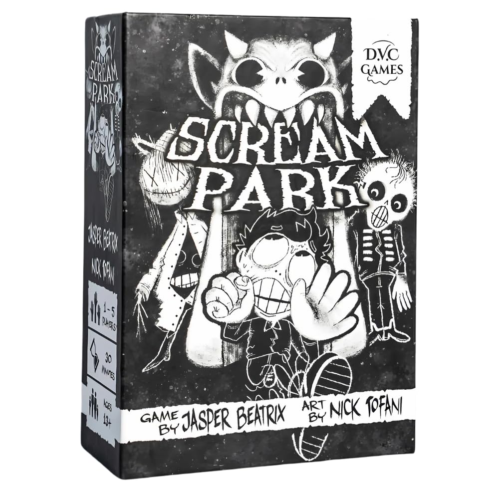 The Scream Park game box displays striking black and white cartoon art of a fearful boy and various monsters under the DVC Games logo