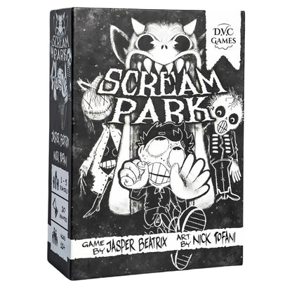 The Scream Park game box displays striking black and white cartoon art of a fearful boy and various monsters under the DVC Games logo