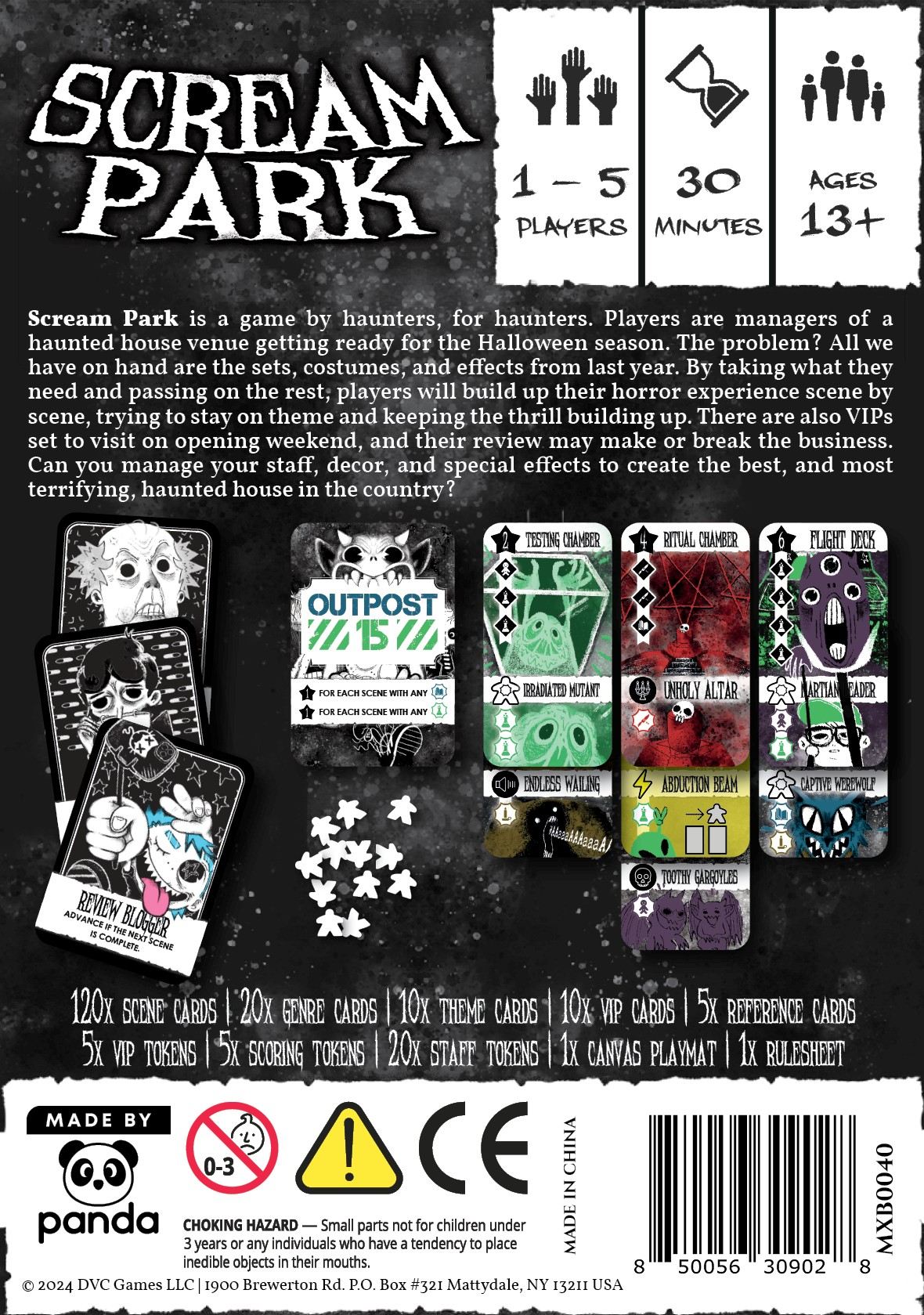 The Scream Park box displays gothic horror character cards, small star tokens, and game information noting it is for one to five players ages thirteen and up