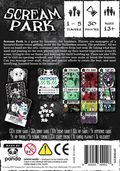 The Scream Park box displays gothic horror character cards, small star tokens, and game information noting it is for one to five players ages thirteen and up