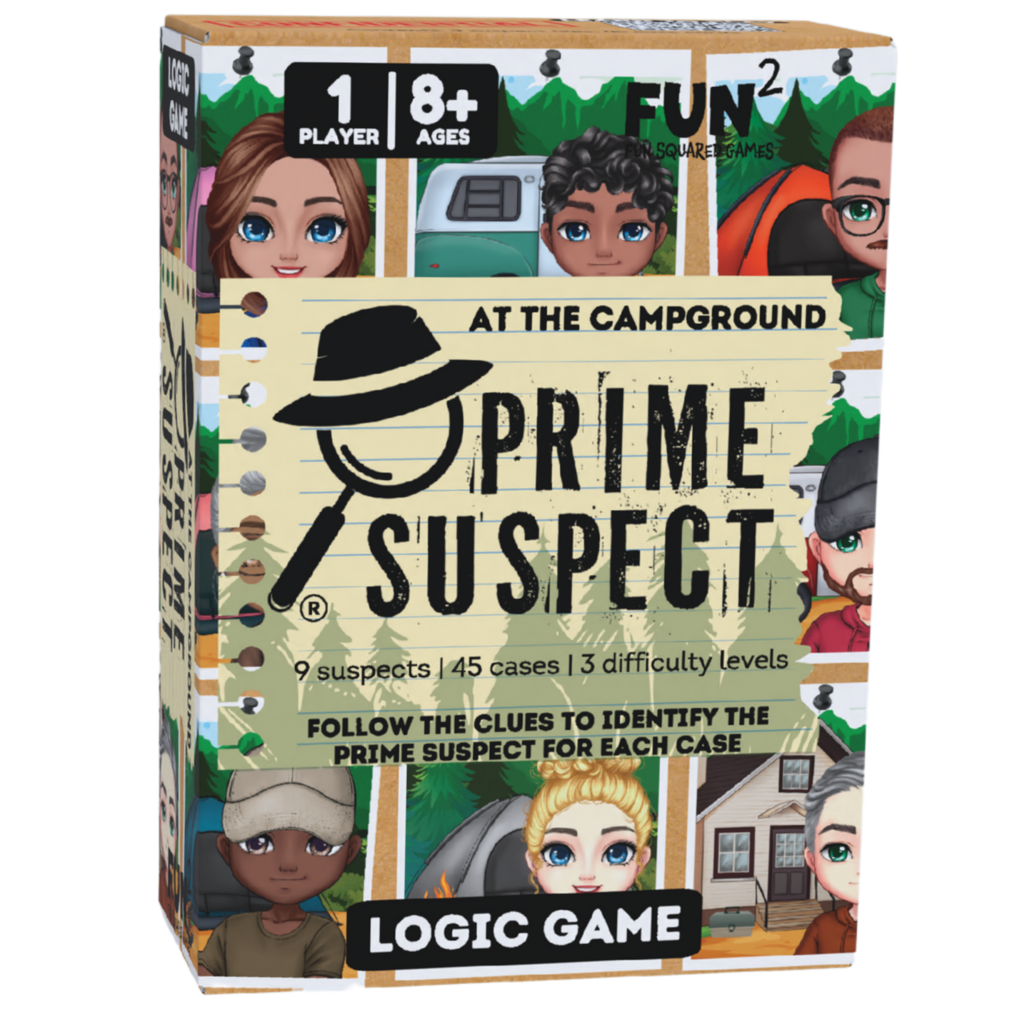 The Prime Suspect At The Campground single-player logic game box displays nine cartoon suspect portraits, a magnifying glass logo, 45 cases, and an 8 plus age rating