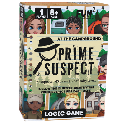 The Prime Suspect At The Campground single-player logic game box displays nine cartoon suspect portraits, a magnifying glass logo, 45 cases, and an 8 plus age rating