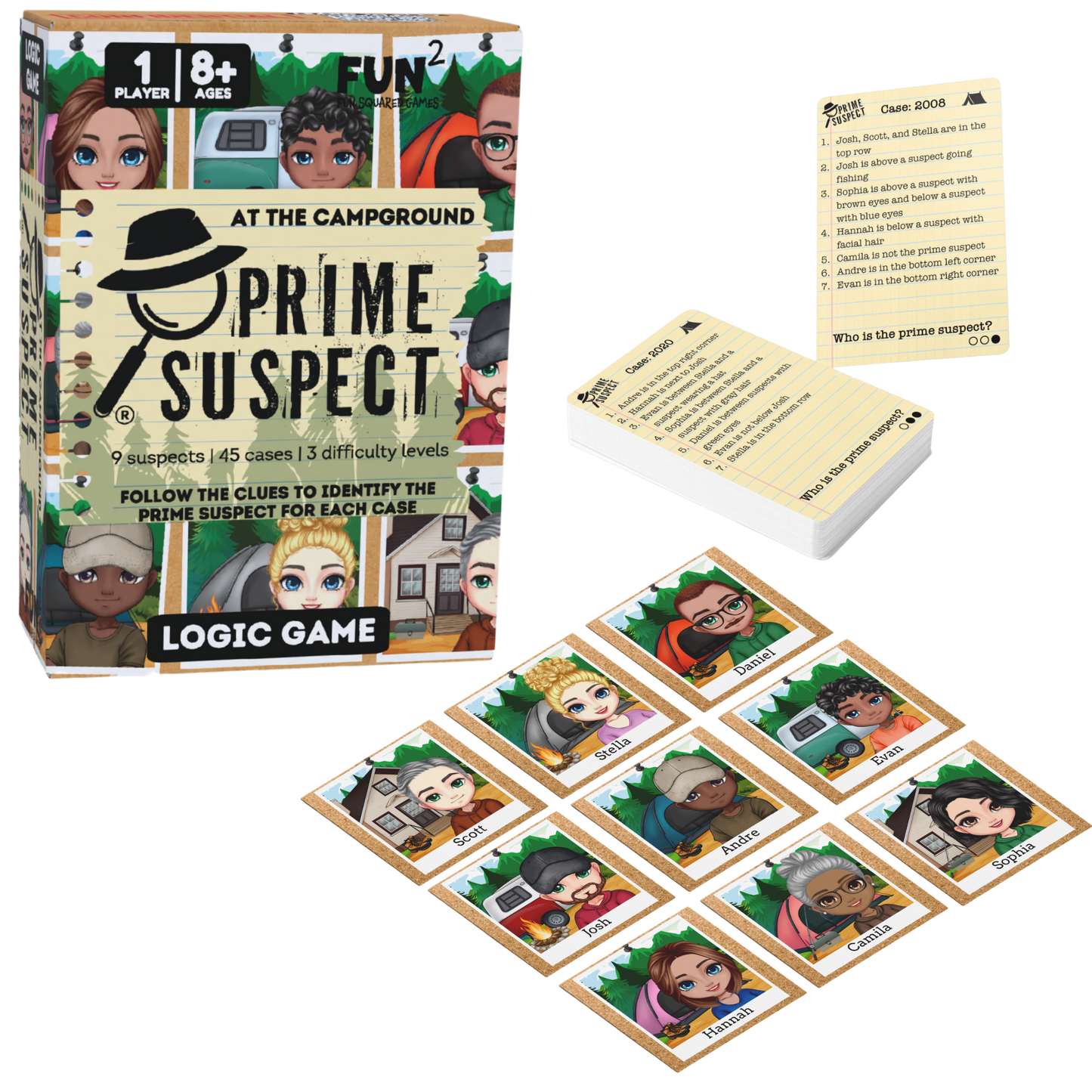 A logic game set called Prime Suspect At The Campground displays its box standing next to nine individual suspect cards and a stack of numbered clue cards