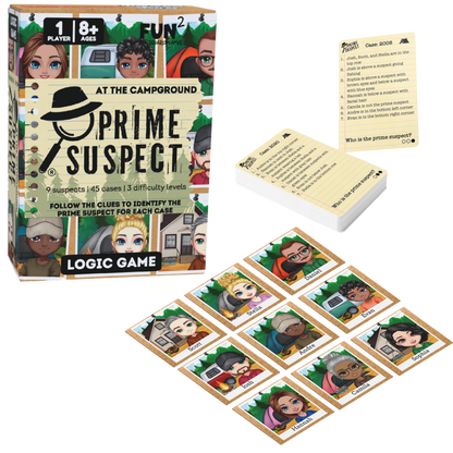 A logic game set called Prime Suspect At The Campground displays its box standing next to nine individual suspect cards and a stack of numbered clue cards