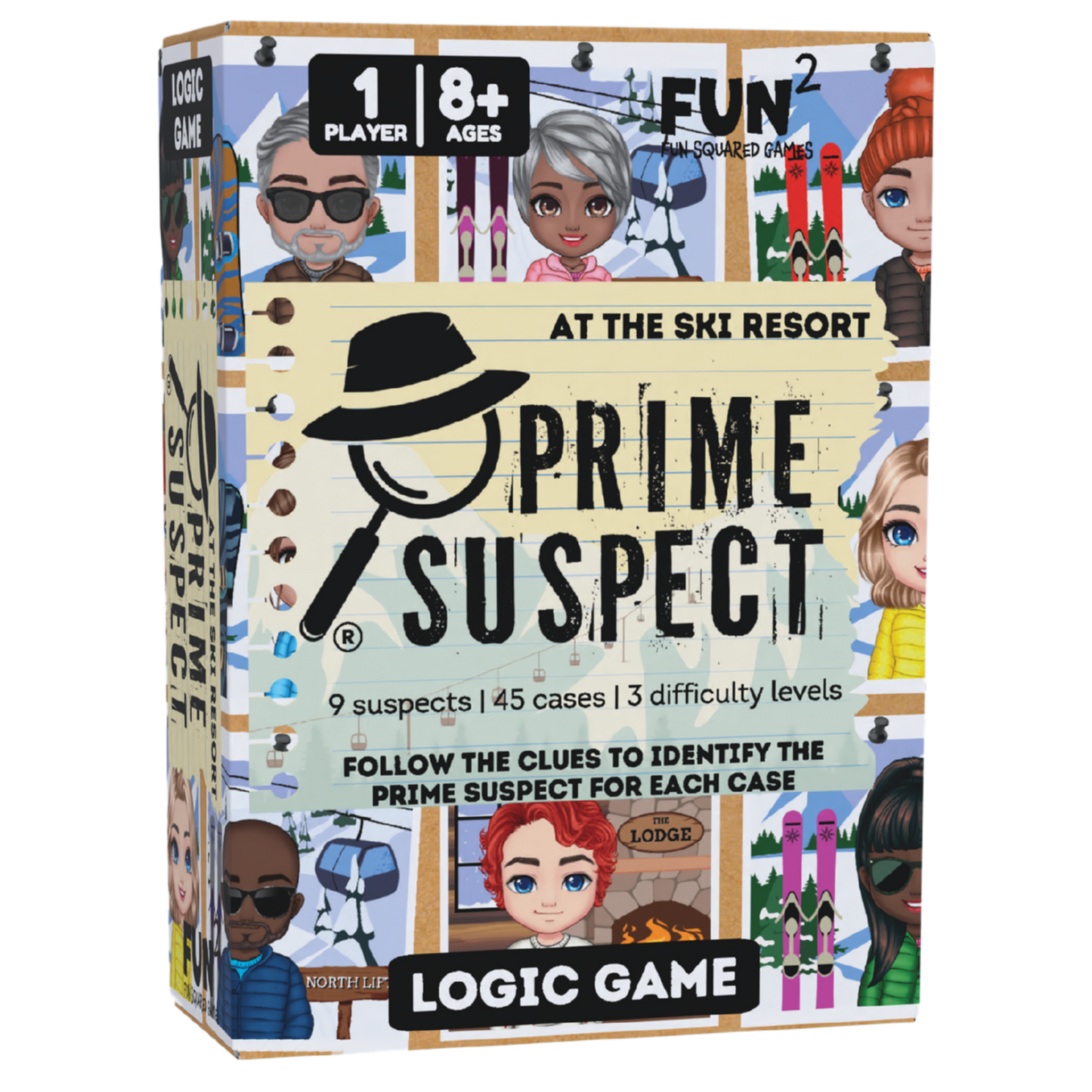 The Prime Suspect Logic Game box shows diverse cartoon avatars on a ski resort bulletin board backdrop with details like 1 player and 45 cases