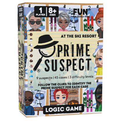The Prime Suspect Logic Game box shows diverse cartoon avatars on a ski resort bulletin board backdrop with details like 1 player and 45 cases