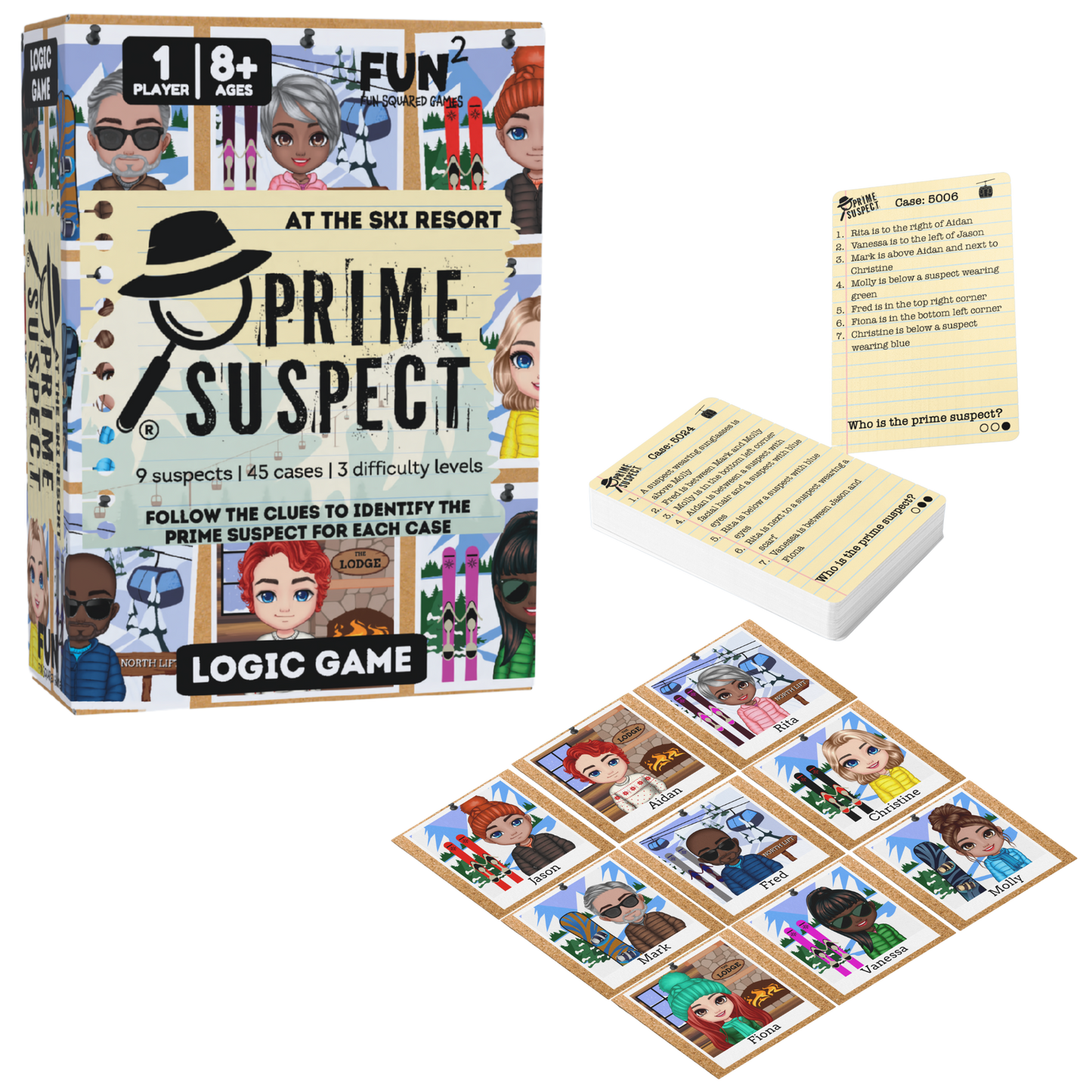 An image of the Prime Suspect Logic Game featuring the box, clue cards, and nine corkboard-style photo tiles of characters for the At The Ski Resort theme