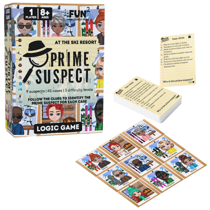 An image of the Prime Suspect Logic Game featuring the box, clue cards, and nine corkboard-style photo tiles of characters for the At The Ski Resort theme