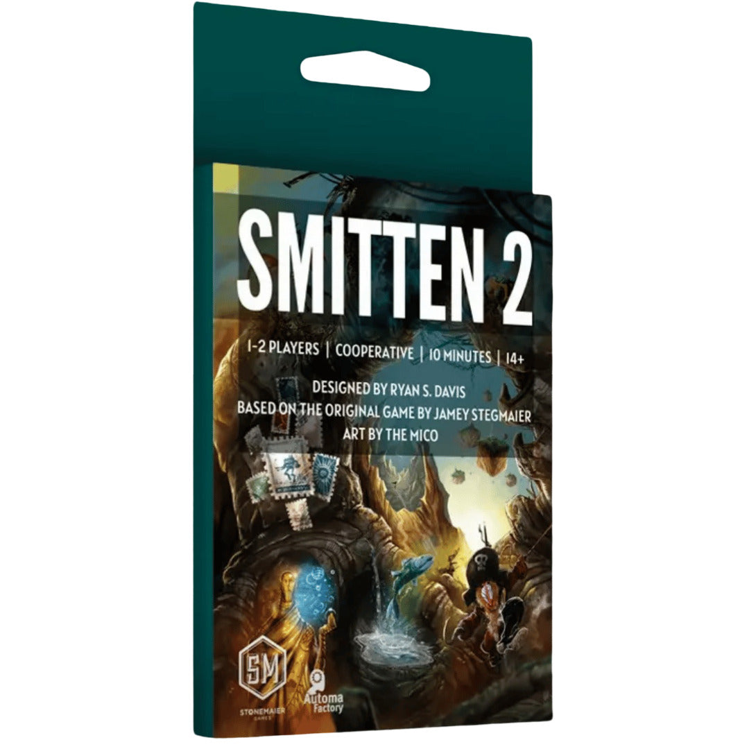 The Smitten 2 cooperative card game box features fantasy artwork and lists specs for 1-2 players and a 10-minute runtime