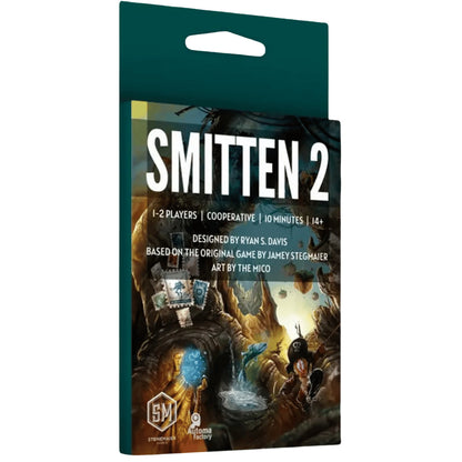 The Smitten 2 cooperative card game box features fantasy artwork and lists specs for 1-2 players and a 10-minute runtime