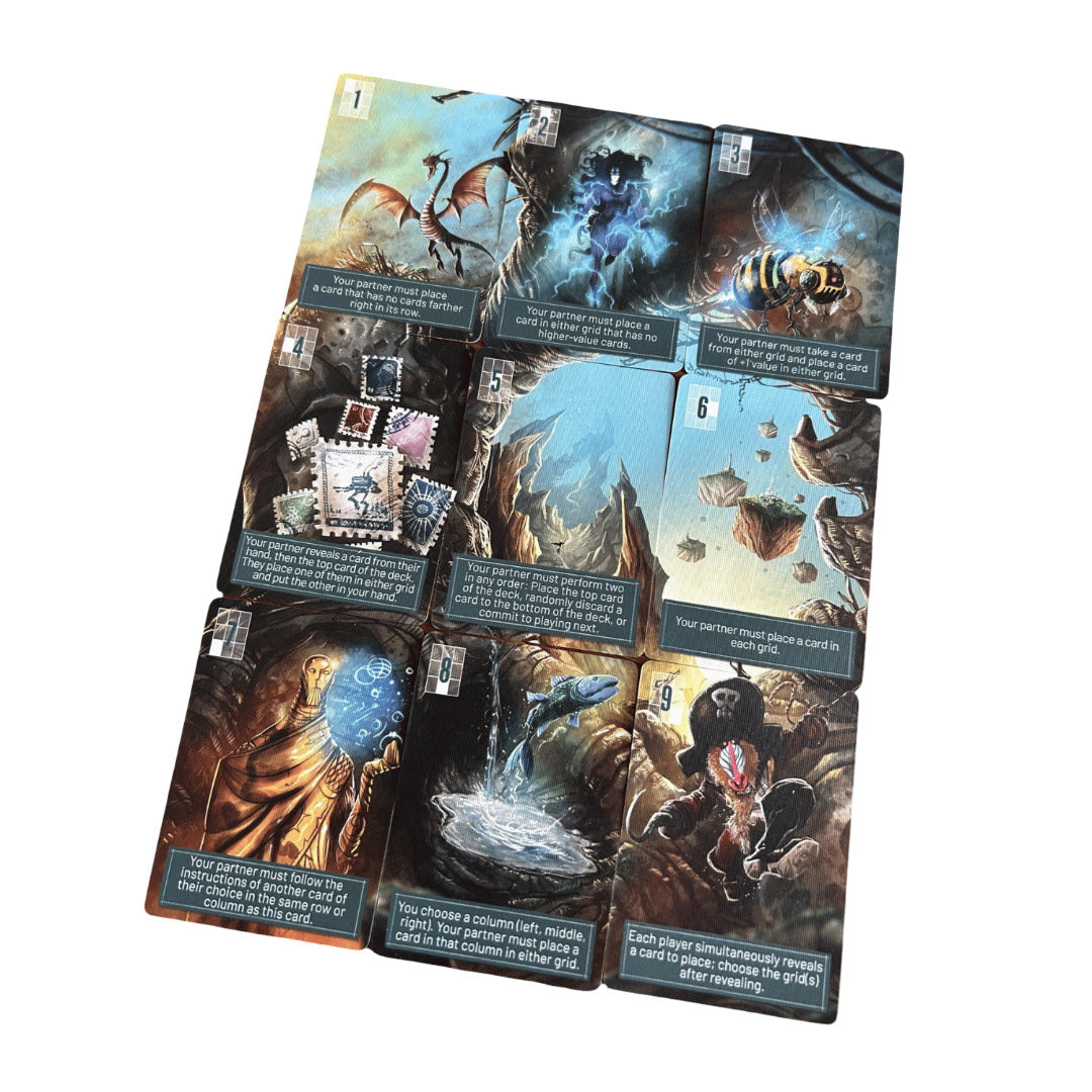 A 3x3 grid displays nine detailed fantasy board game cards numbered one through nine, featuring illustrations of creatures and explicit rules text