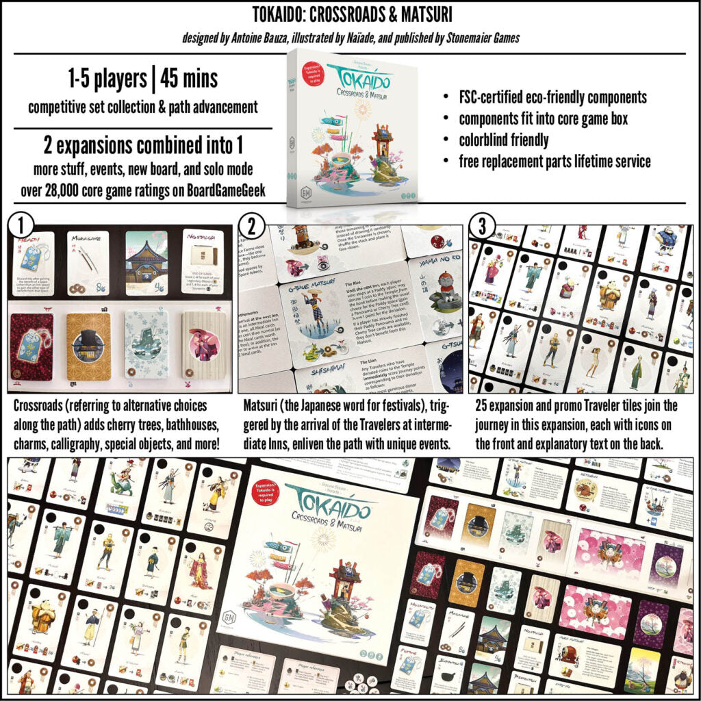The Tokaido Crossroads and Matsuri expansion box is presented with a large collection of colorful new event and traveler cards covering the game table