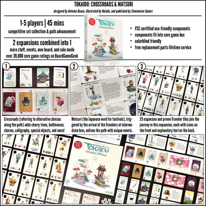 The Tokaido Crossroads and Matsuri expansion box is presented with a large collection of colorful new event and traveler cards covering the game table