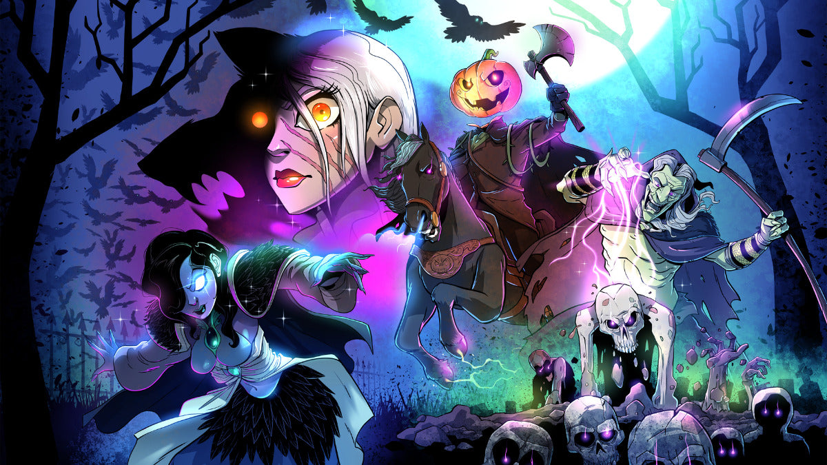 Dice Throne Outcasts expansion art displays four dark fantasy heroes including a scythe-wielding lich, a scarred werewolf woman, a witch, and a pumpkin-headed horseman