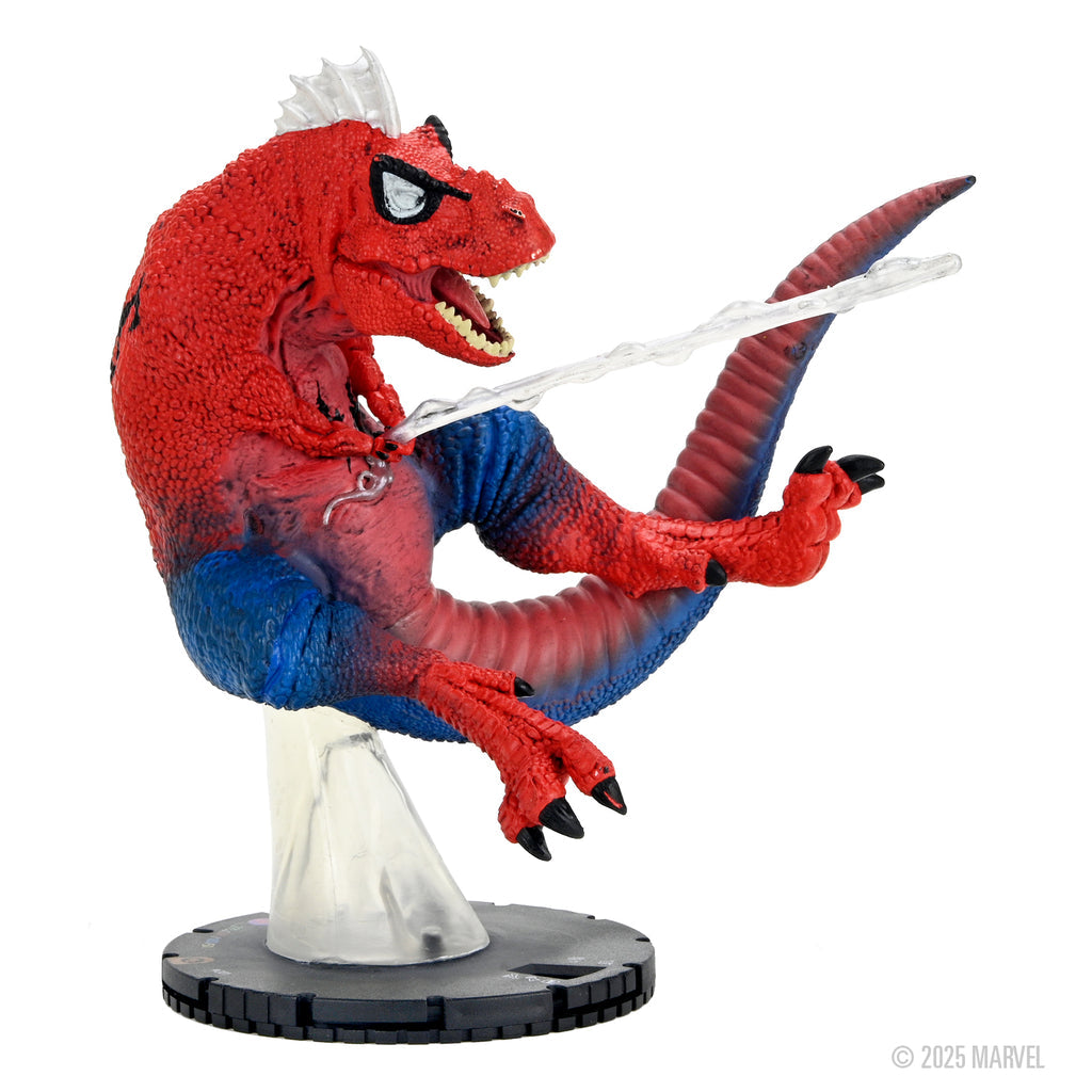 A red and blue Spider-Rex action figure with Spiderman eyes, rearing up and shooting white webs