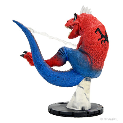 Spider-Rex action figure, a red dinosaur with blue legs/tail and a spider symbol, rearing up and shooting web