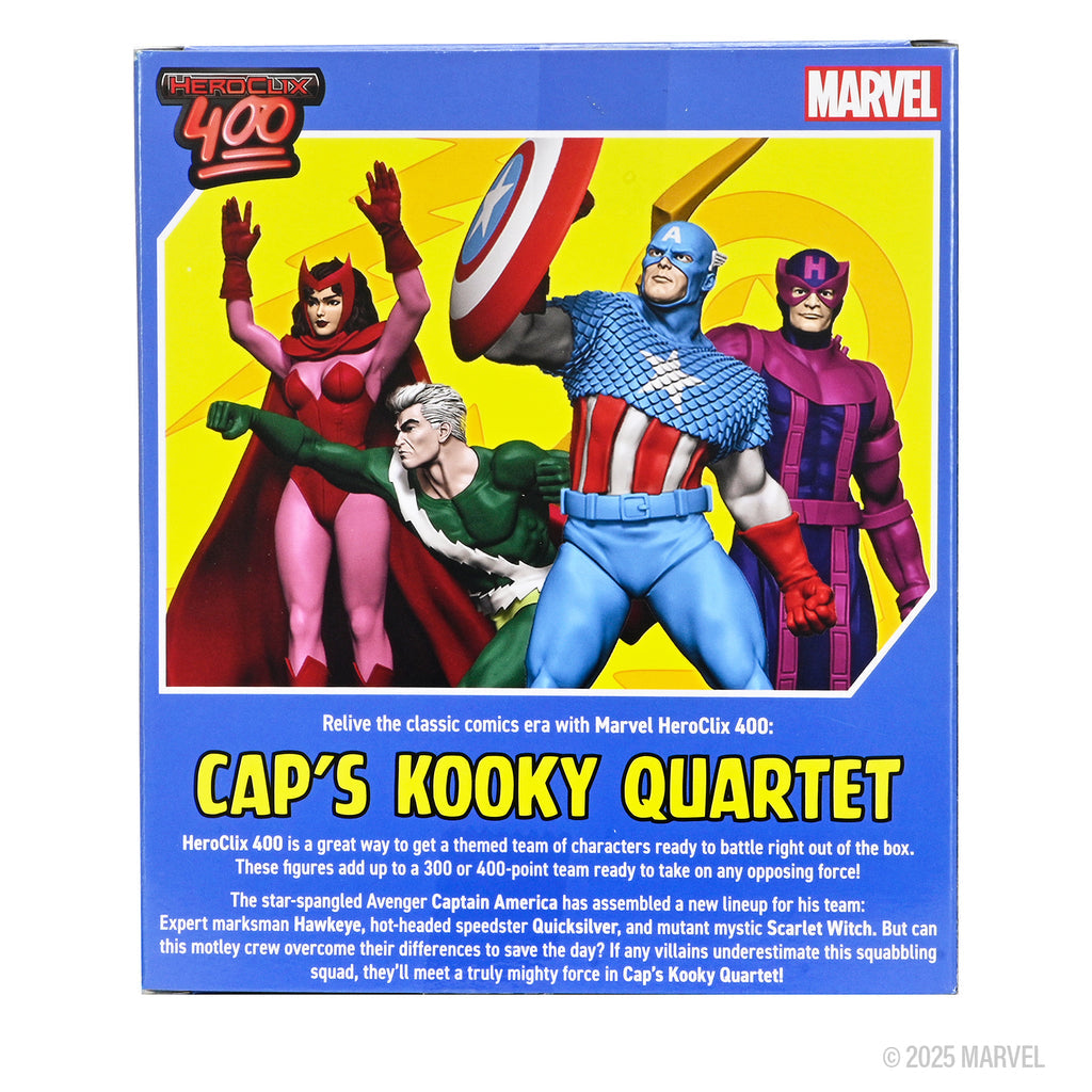 Box for Marvel HeroClix 400 featuring Captain America, Scarlet Witch, Quicksilver, and Hawkeye figures