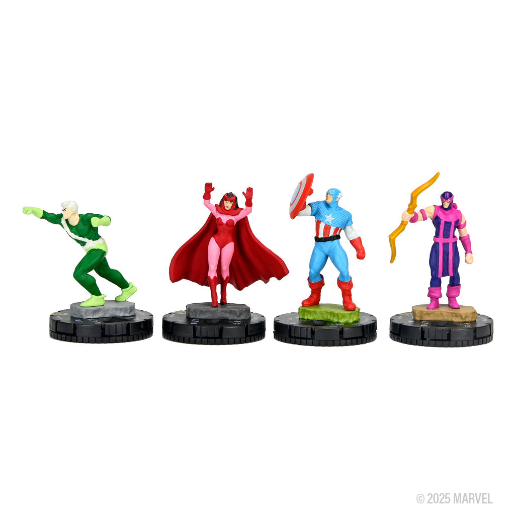 Four colourful Marvel superhero miniature figures, including Captain America, posed for action