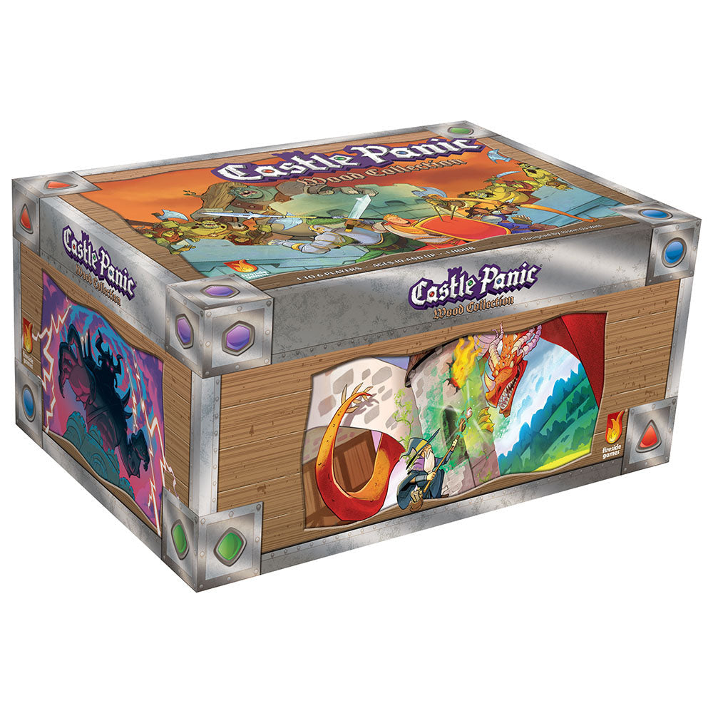 Castle Panic Wood Collection board game box with cartoon heroes and monsters battling a castle