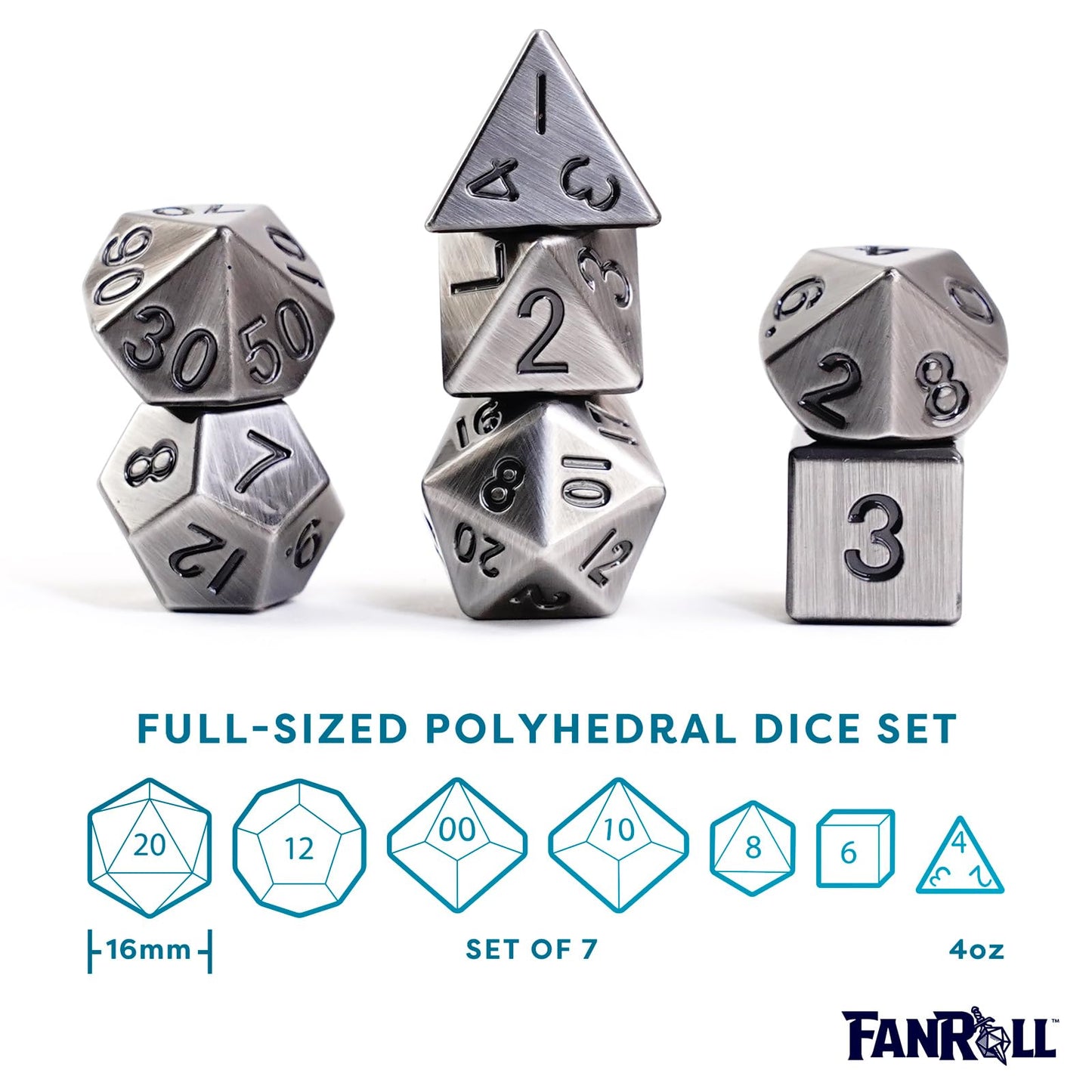 Three stacks showcase the seven pieces of the 16mm antique silver metal dice set, featuring a brushed texture and black engraved numbers