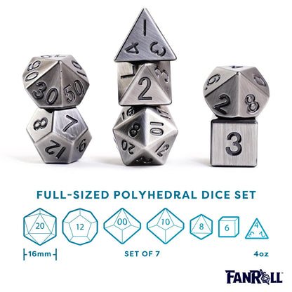 Three stacks showcase the seven pieces of the 16mm antique silver metal dice set, featuring a brushed texture and black engraved numbers