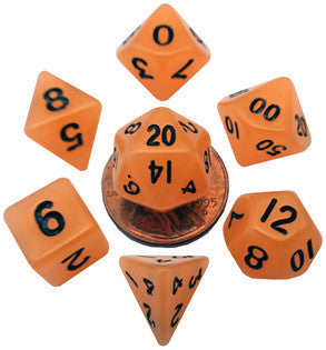 MDG - Mini Glow in the Dark Polyhedral Dice Set Black Numbers - Orange Glow