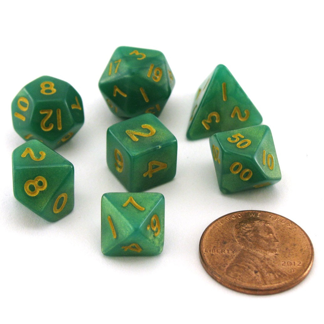 Metallic Dice Games - Mini Polyhedral Dice Set Gold Numbers Green/Light Green - Good Games
