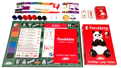 Game components laid out including cards, tokens, and player boards on a wooden surface