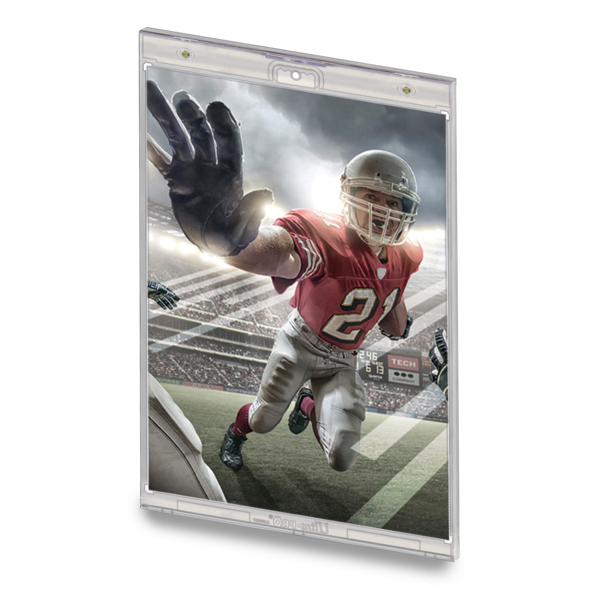 A football player in a red #21 jersey runs and reaches, displayed within Ultra PRO ONE-TOUCH magnetic photo holder with a stadium background