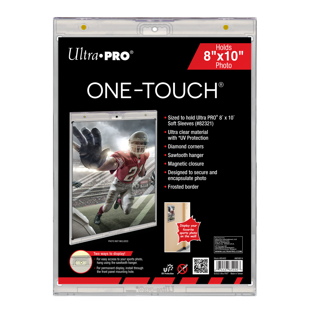 Packaging for Ultra PRO ONE-TOUCH 8x10 magnetic photo holder, with a football player photo displayed inside