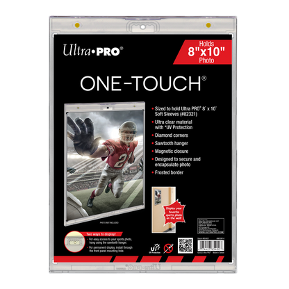 Packaging for Ultra PRO ONE-TOUCH 8x10 magnetic photo holder, with a football player photo displayed inside