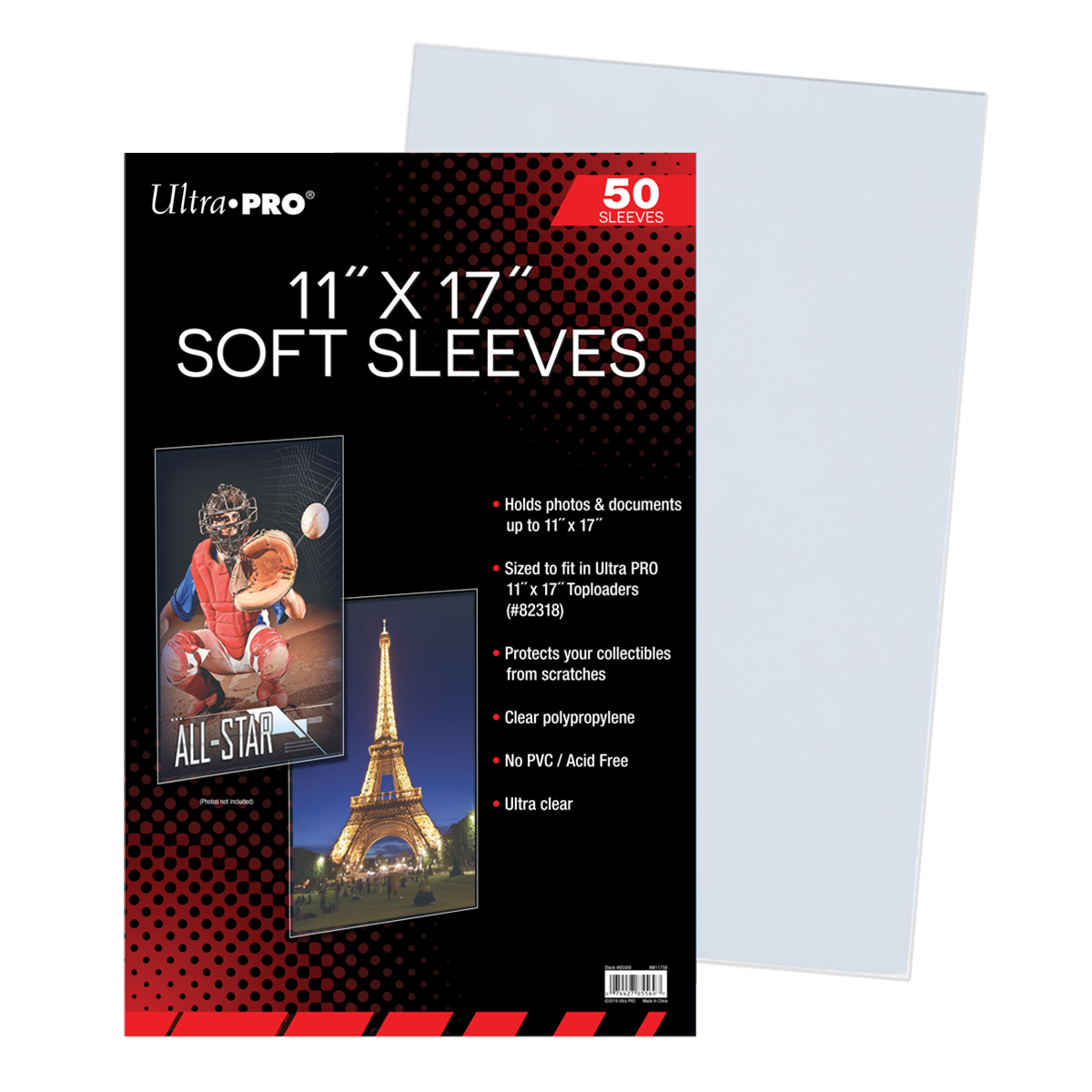 Packaging for Ultra PRO 11x17 Soft Sleeves showing sample images. A stack of 50 large, clear protective sleeves