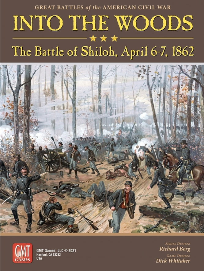 Painting of Civil War soldiers fiercely battling in a wooded area with smoke and a cannon