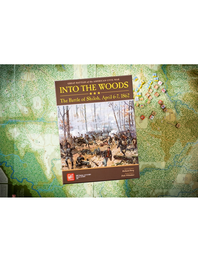 A Civil War board game, "Into the Woods: The Battle of Shiloh," on its game map with scattered counters
