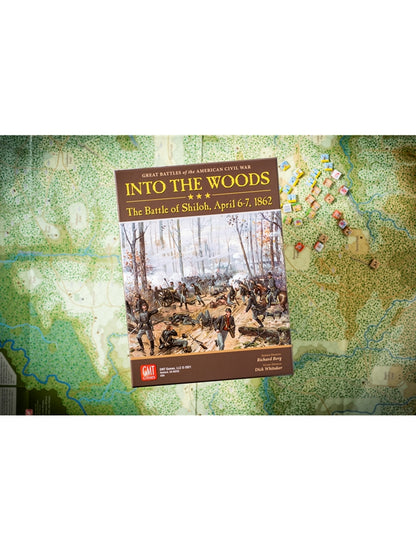 A Civil War board game, "Into the Woods: The Battle of Shiloh," on its game map with scattered counters