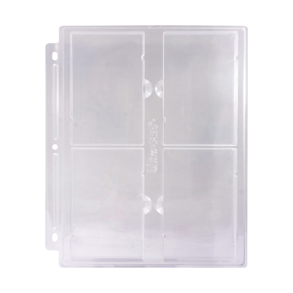 Clear Ultra-PRO 4-pocket trading card protector page with binder holes