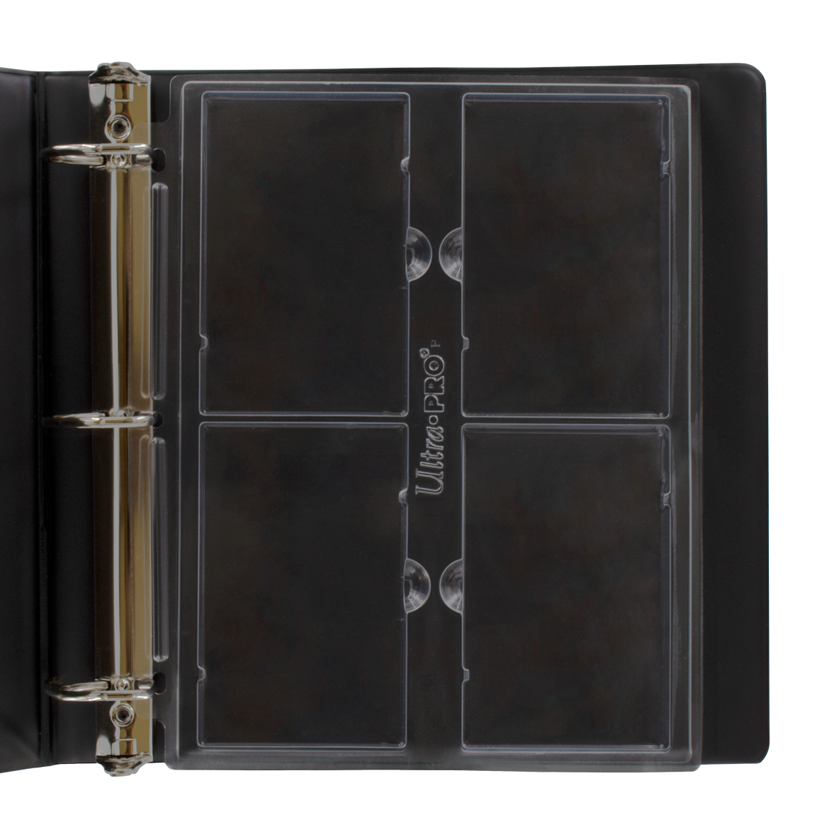 A black Ultra-PRO binder open, showing a clear 4-pocket page with four empty card slots