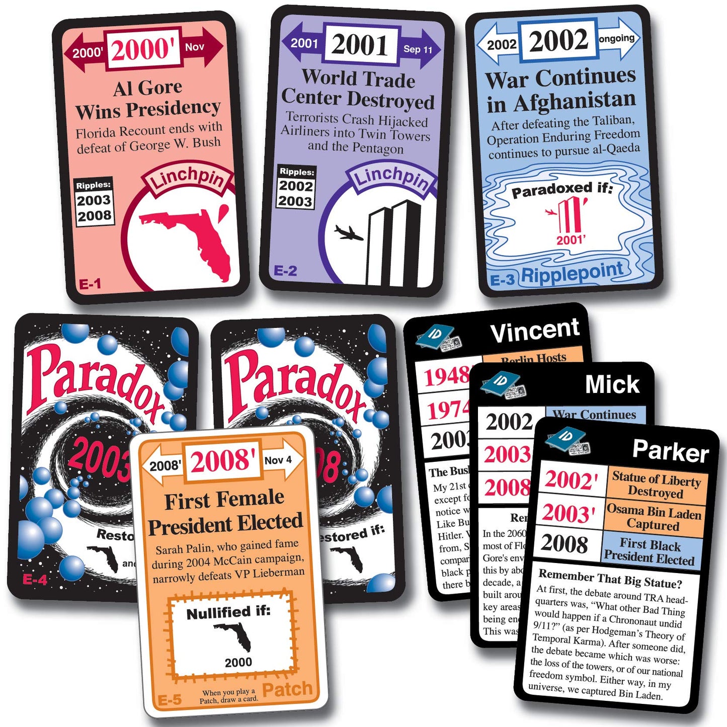 A collection of game cards features alternate history events like a presidential election, the World Trade Center's destruction, a female president elected, and war in Afghanistan