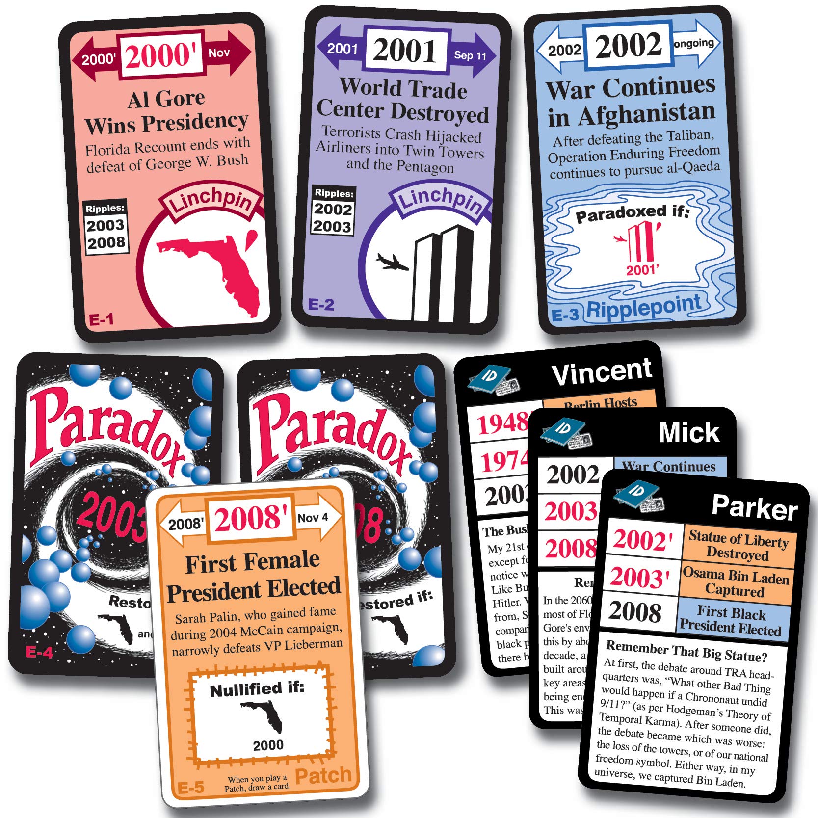 A collection of game cards features alternate history events like a presidential election, the World Trade Center's destruction, a female president elected, and war in Afghanistan