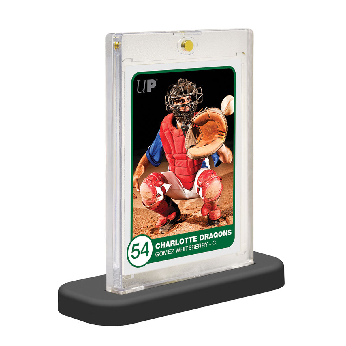 Baseball trading card showing a catcher in full gear crouching, ready to catch. It is in a clear display case on a black stand