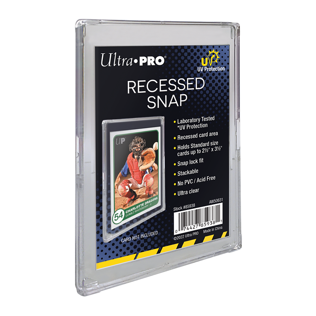 Clear Ultra-PRO Recessed Snap card holder with UV protection featuring a sample baseball card inside