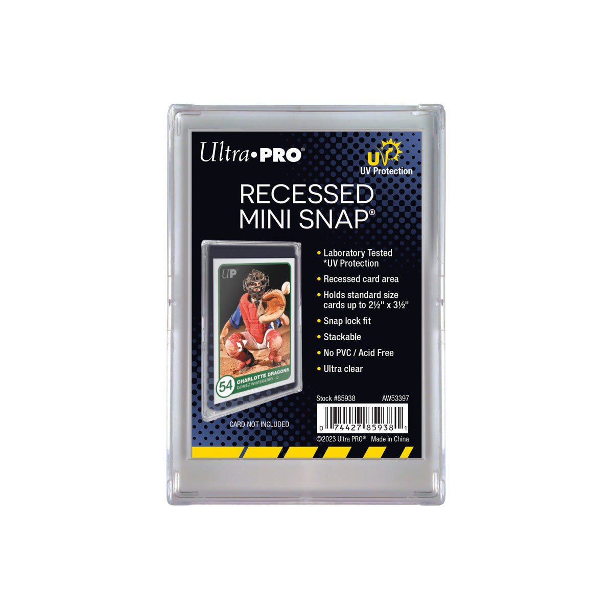 Clear Ultra PRO Recessed Mini Snap card holder featuring UV protection and displaying a sample baseball card
