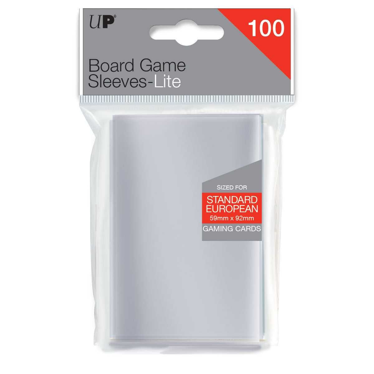 Clear plastic package of 100 Board Game Sleeves-Lite for 59x92mm Standard European cards