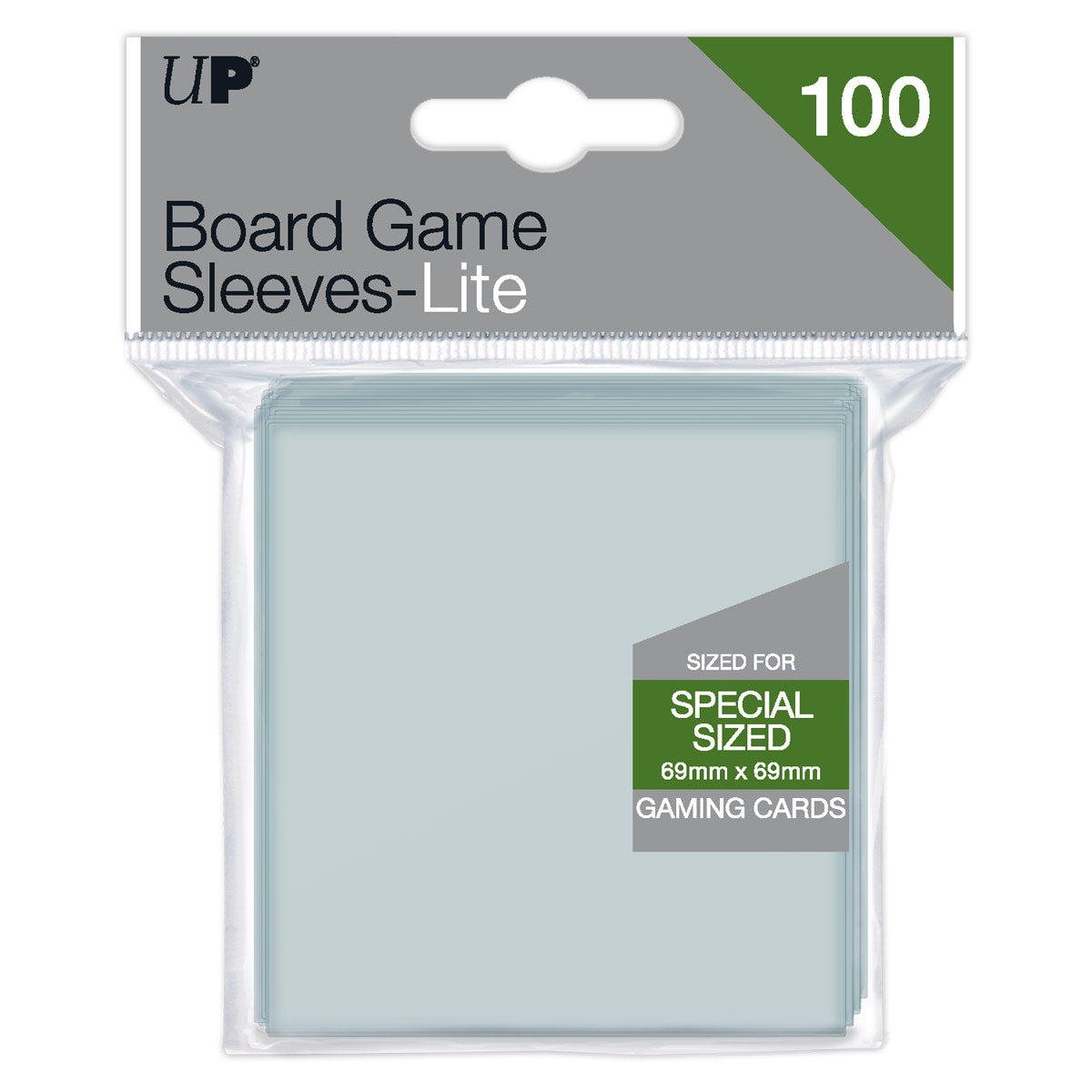 A clear pack of 100 light blue &quot;UP Board Game Sleeves-Lite&quot; for 69x69mm gaming cards