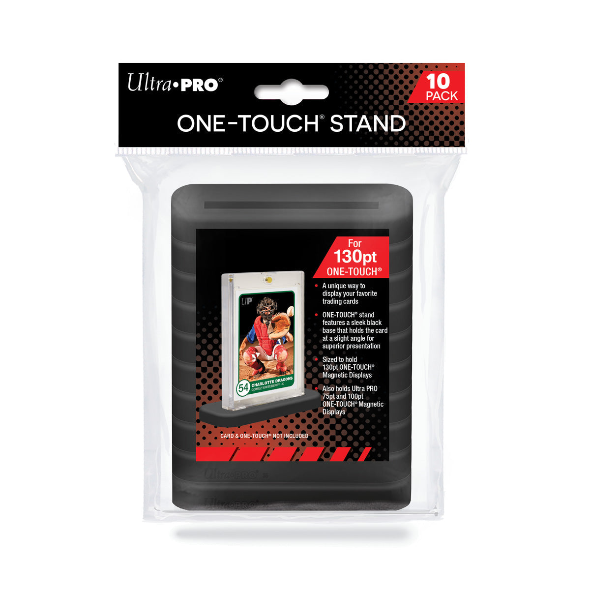 Ultra PRO ONE-TOUCHA STAND 10-pack in clear retail packaging, showing a black stand displaying a trading card
