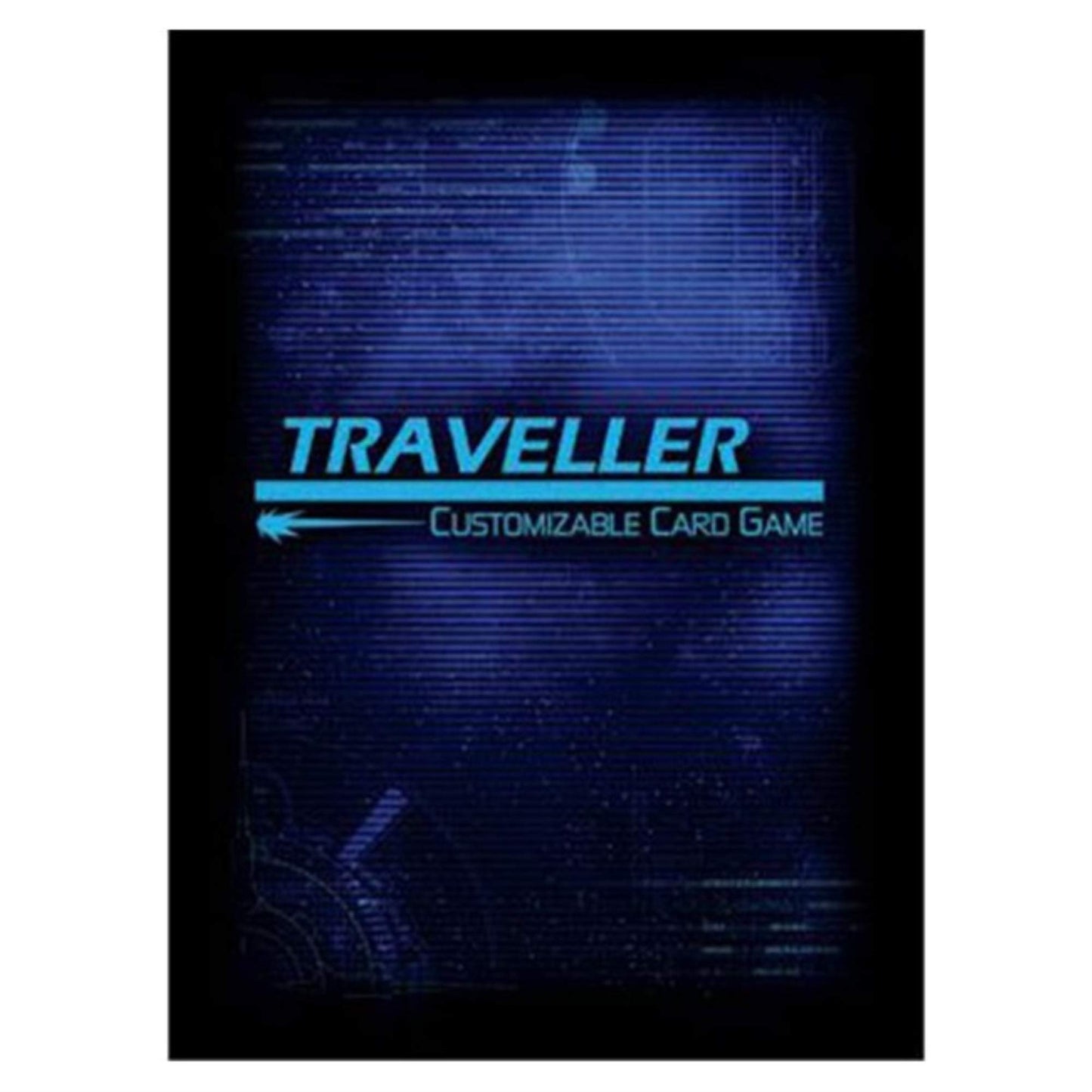 A Far Future Traveller CCG card sleeve with a dark blue grid pattern, featuring TRAVELLER and CUSTOMIZABLE CARD GAME in bright blue text