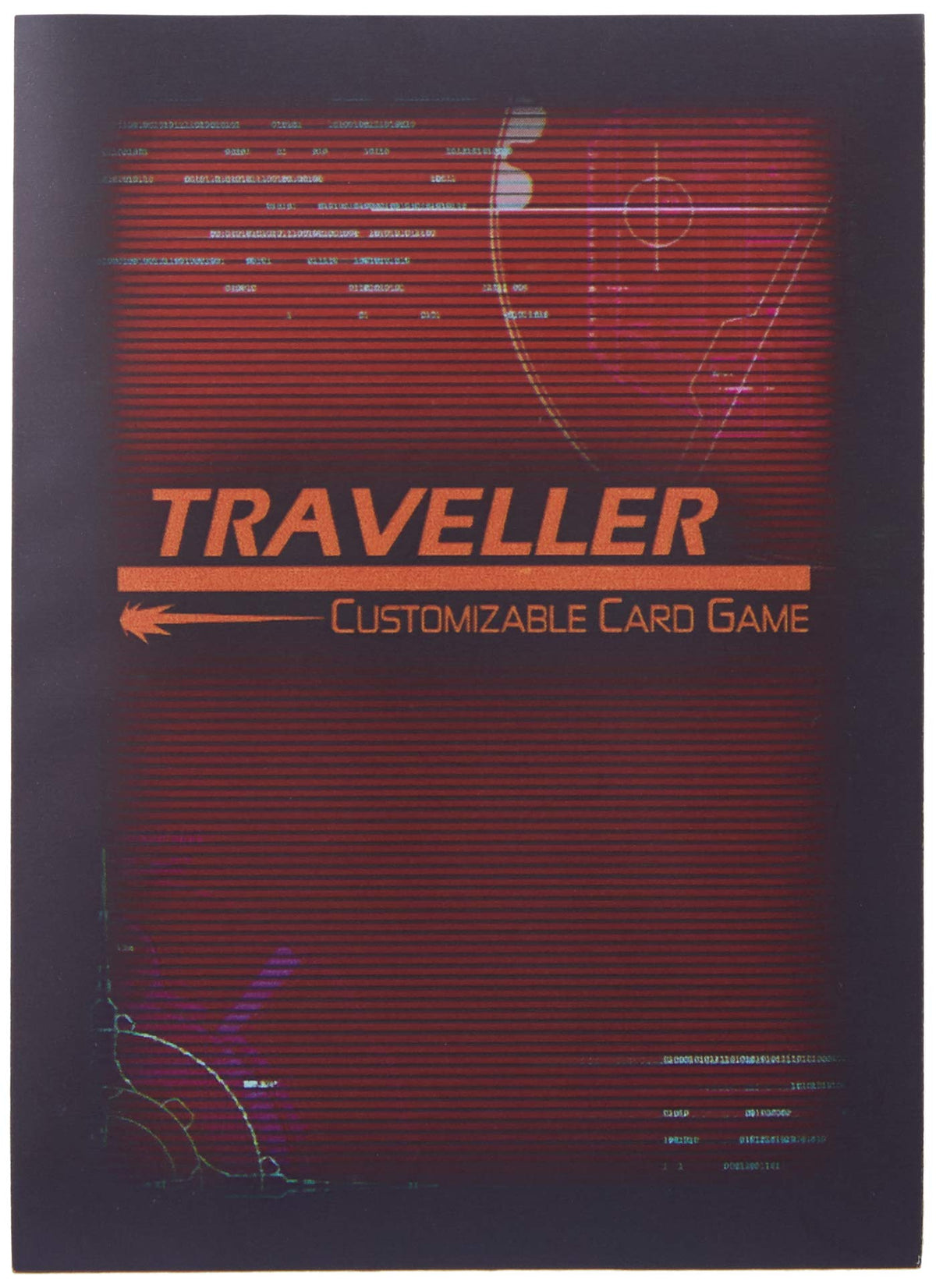 A Far Future Traveller CCG Card Sleeve features a dark screen with red horizontal lines, orange Traveller Customizable Card Game text, and faint futuristic data graphics
